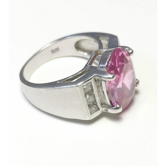 Oval Pink Gemstone Ring Sterling Silver 925 | Size 5.5 | Elegant Retro Cocktail - Picture 4 of 8